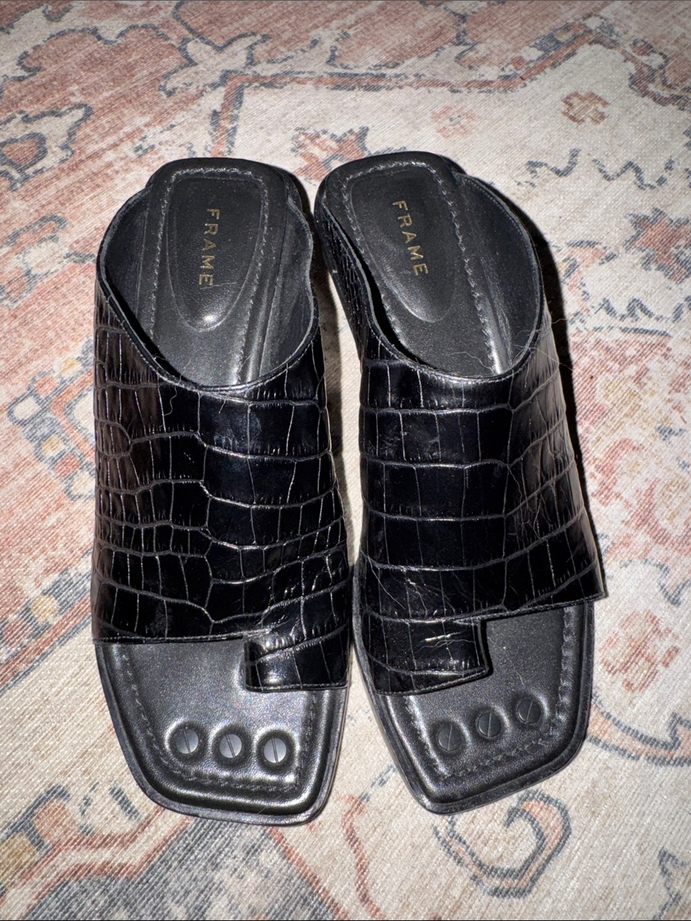 Frame Denim Black Croc-Embossed Square Toe Mules